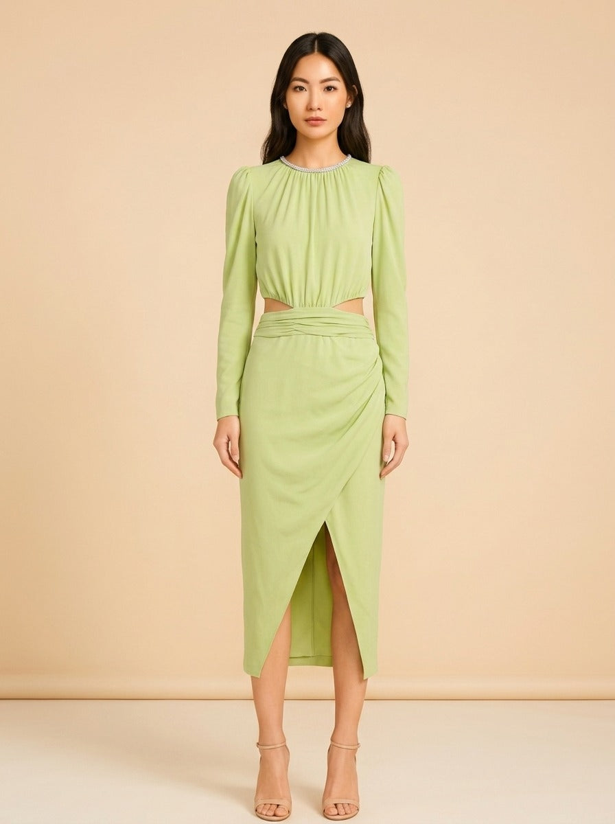 Crystal-Embellished Cutout Ruched Stretch-Jersey Midi Dress