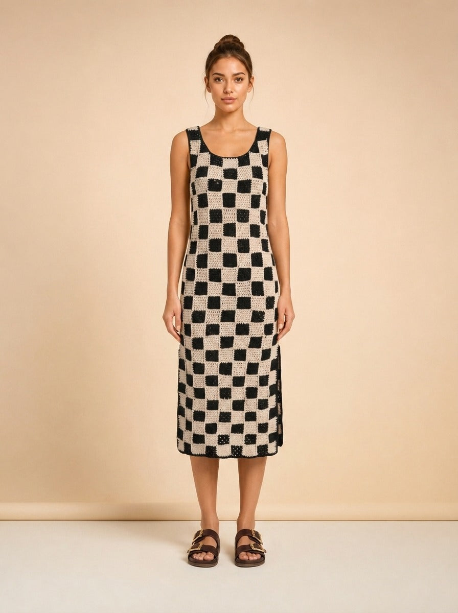 Danika Crochet Ankle Dress in Black/White