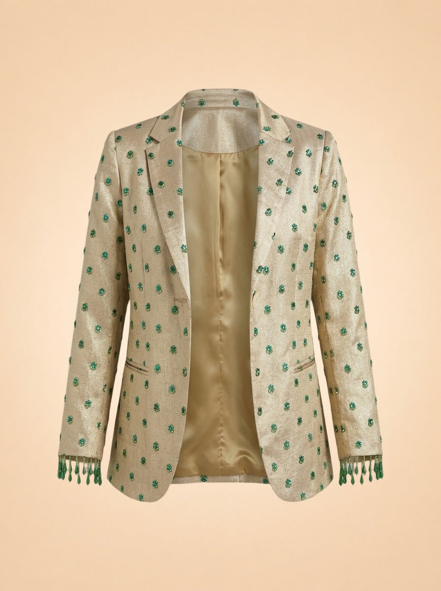 Desirae Embroidered Beaded Blazer - Light Gold/Mini Geometric Floral embroidery ghost_front