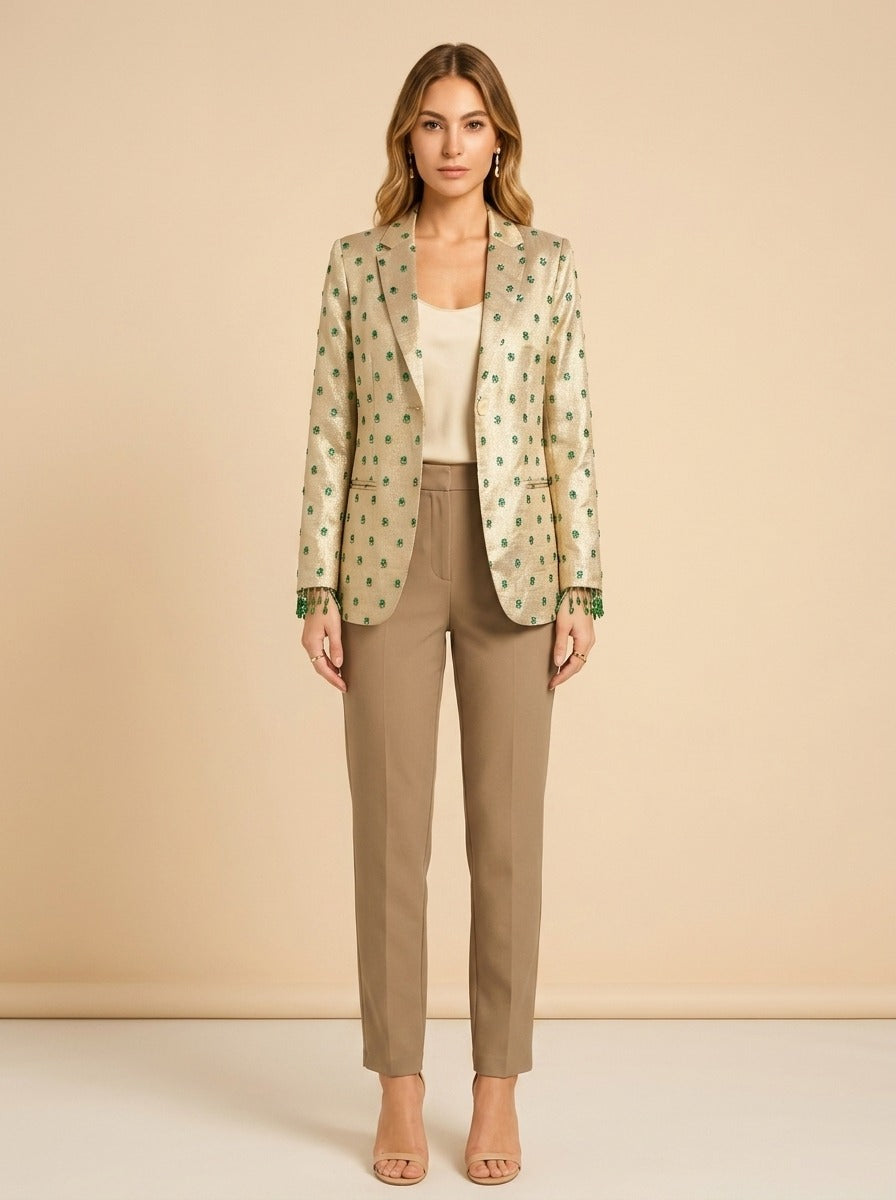 Desirae Embroidered Beaded Blazer - Light Gold/Mini Geometric Floral embroidery model_front