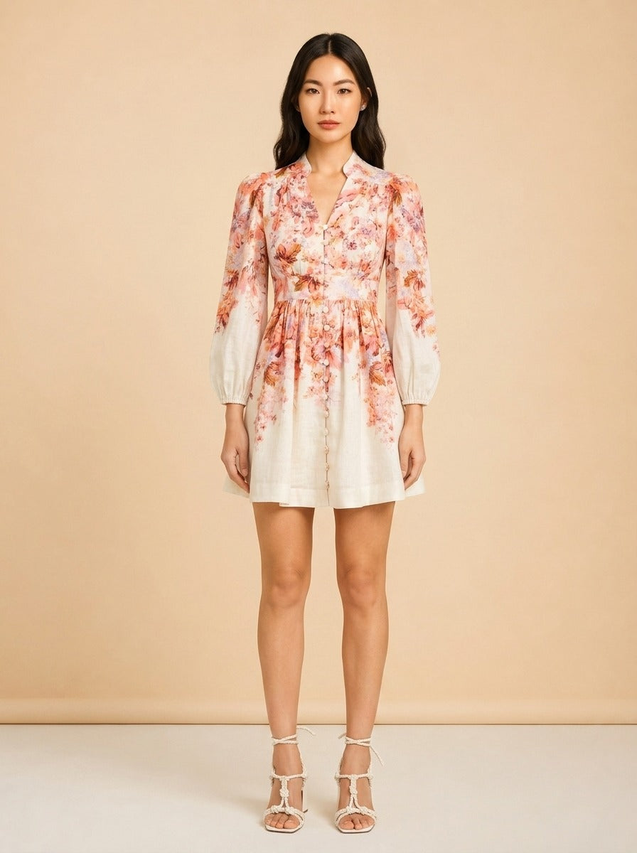 Devi Plunge Neck Linen Mini Dress model_front