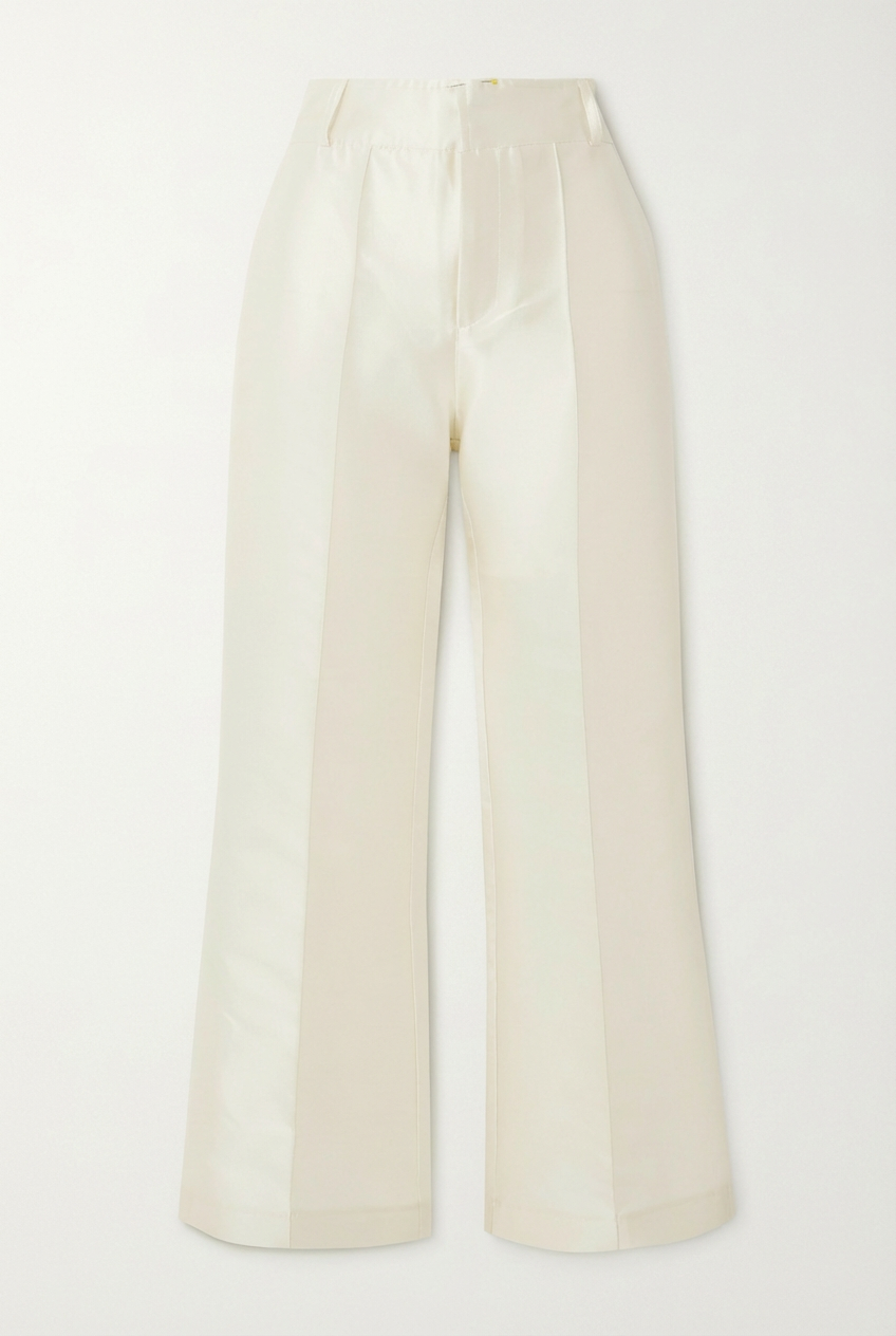 White Satin Straight Pants - Front