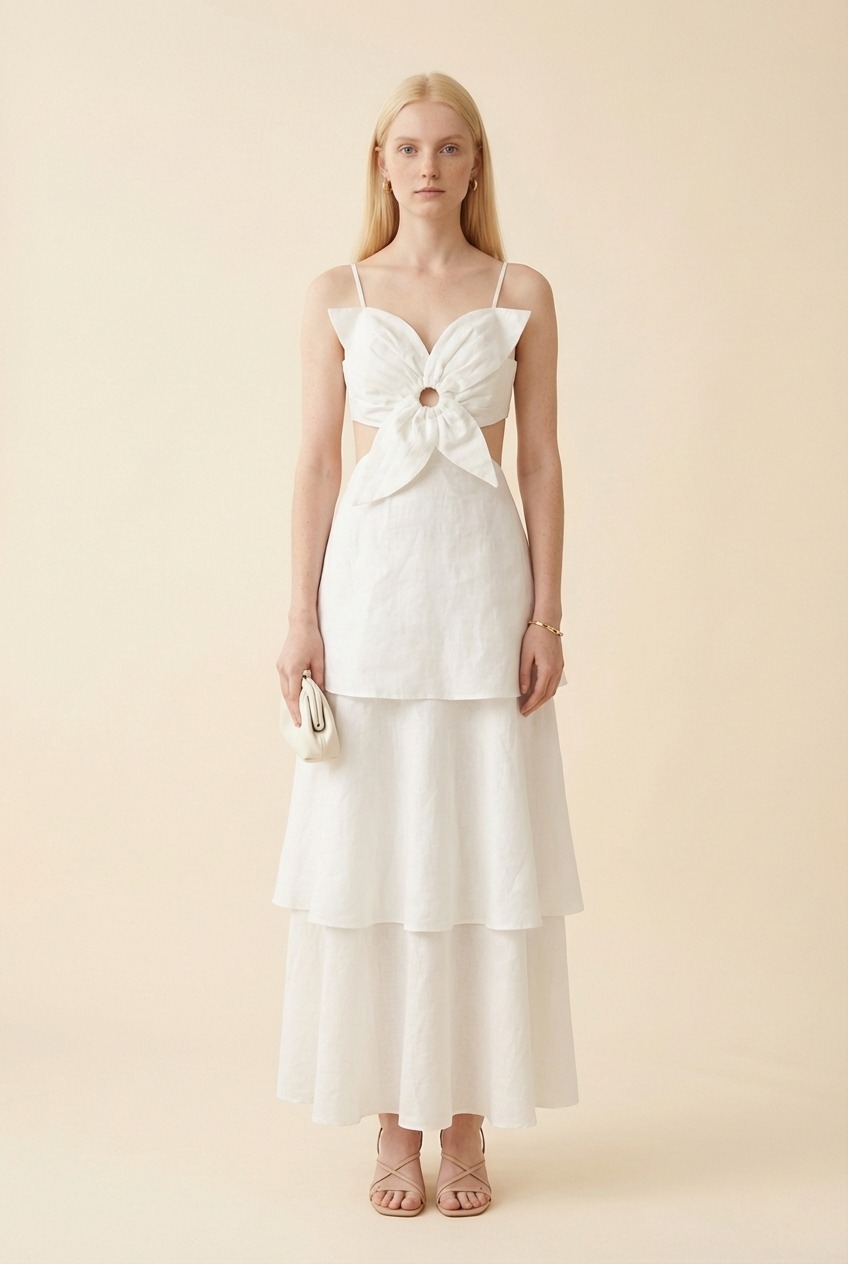 White Layered Flower Detail Maxi Dress - Model #1