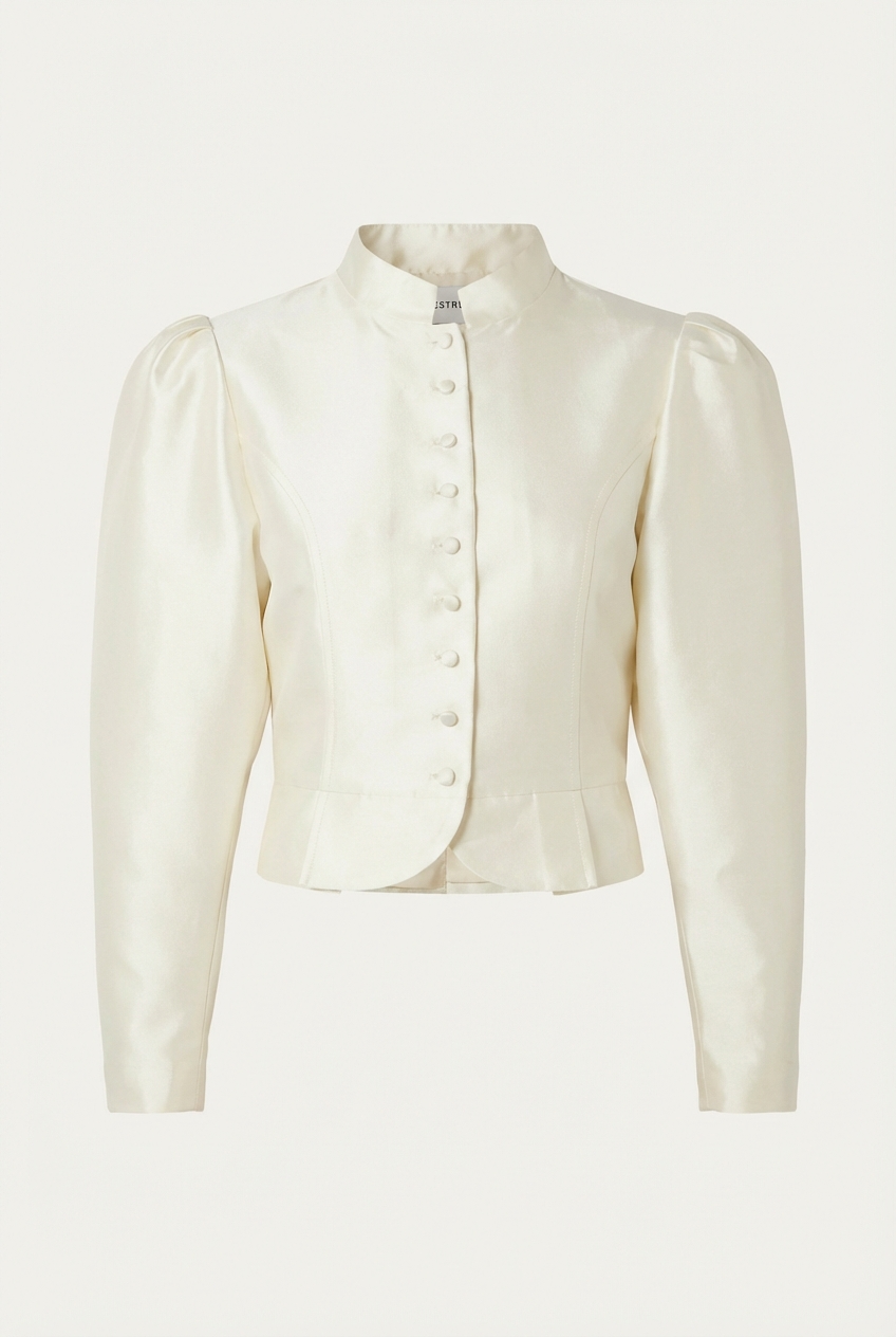 White Satin Puff Sleeve Jacket - Front