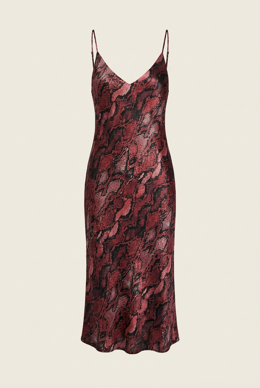 Jodie Slip Dress Burgundy Black Python Snake Print Bias Cut Midi Silk - Front