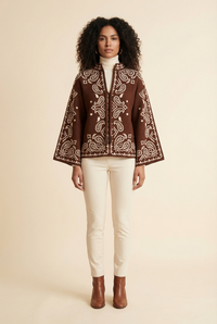 Brown Bohemian Paisley Beaded Rope Knit Sweater - Model #1