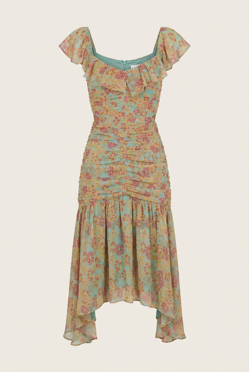 Devereaux Cutout Midi Dress in Mint Floral - Front