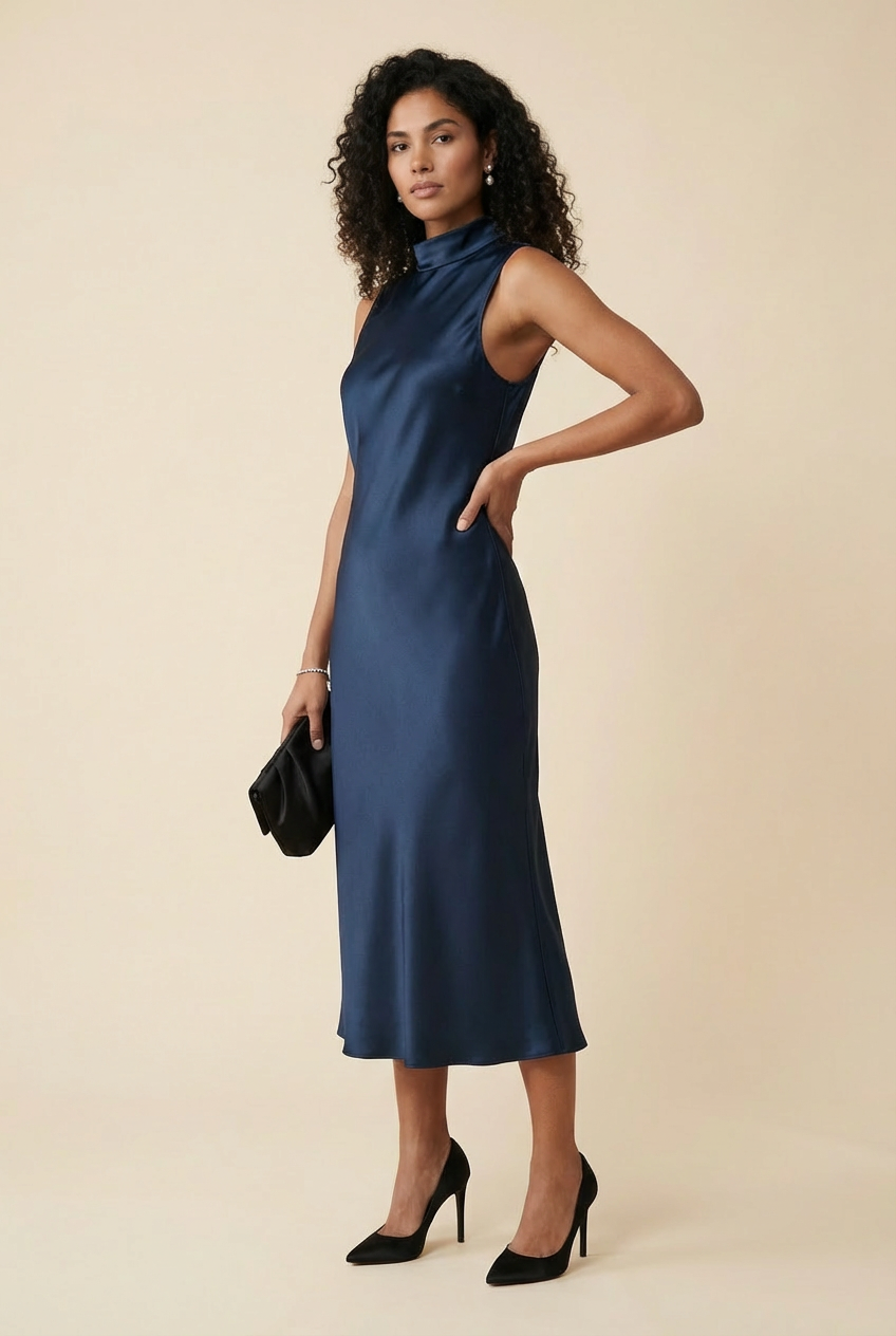 Ulani Satin Sleeveless Midi-Dress - Model #2