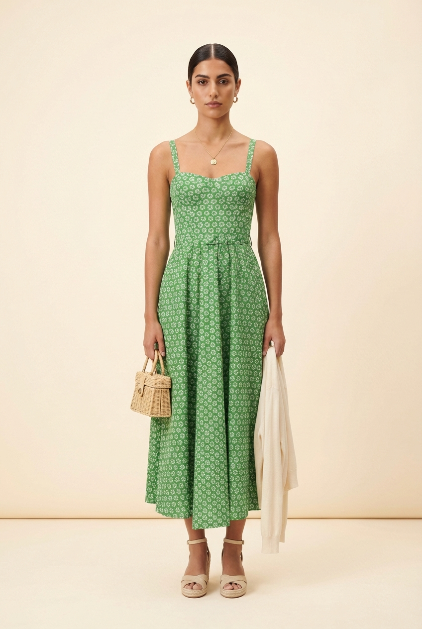 Style by Simkins Margo Printed Poplin Sweetheart Neck Dress - Model #1