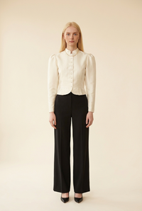 White Satin Puff Sleeve Jacket - Model #1