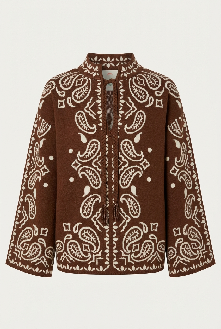 Brown Bohemian Paisley Beaded Rope Knit Sweater - Front