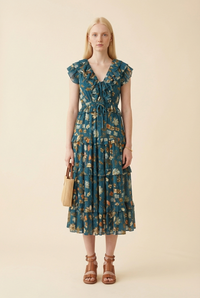 Arisa Ruffled Metallic Floralprint Crepe De Chine Maxi - Model #1