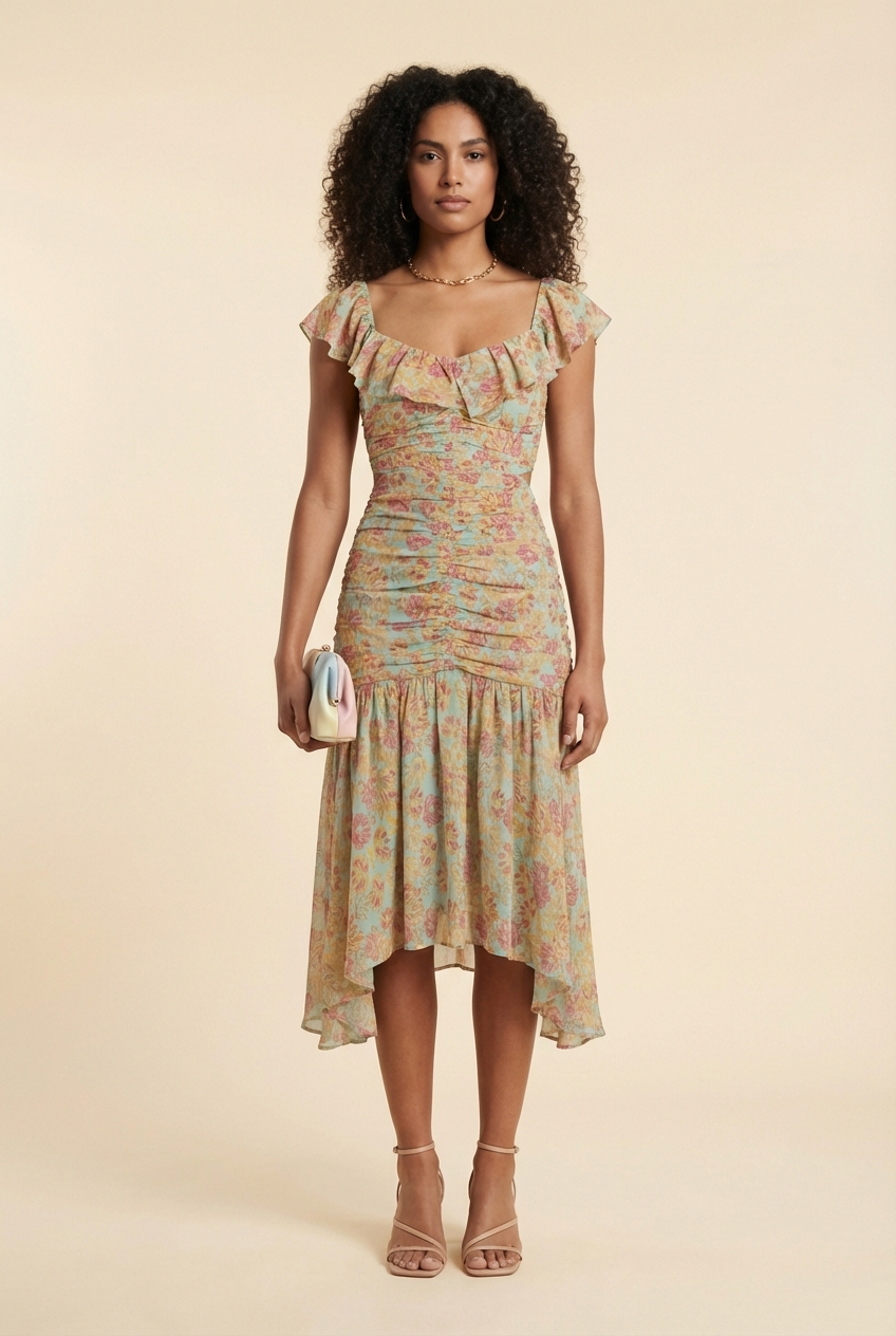 Devereaux Cutout Midi Dress in Mint Floral - Model #1