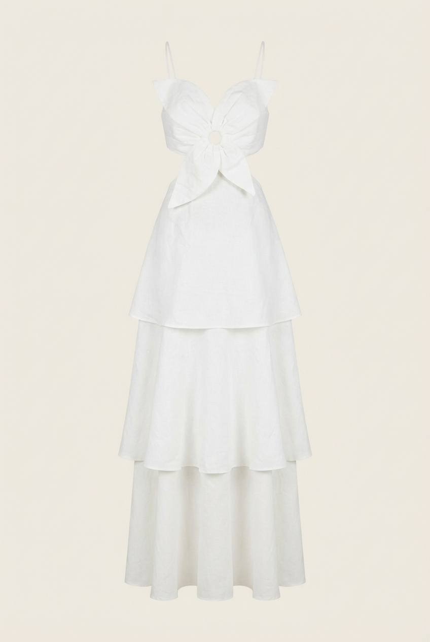 White Layered Flower Detail Maxi Dress - Front