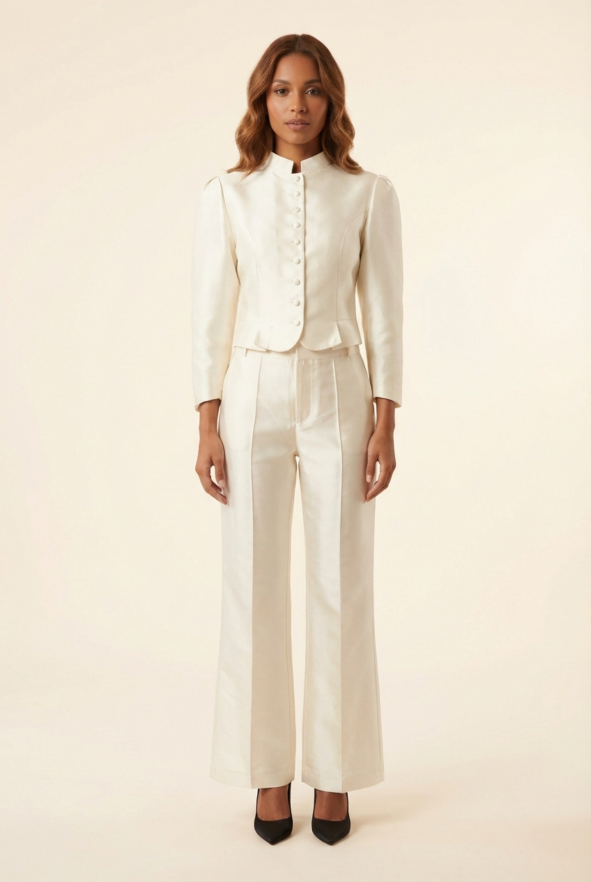 White Satin Straight Pants - Model #1