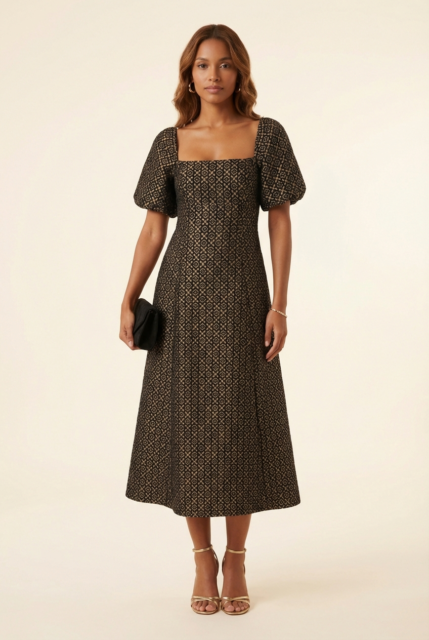 The Matilda Dress in Metallic Brocade - Model #1