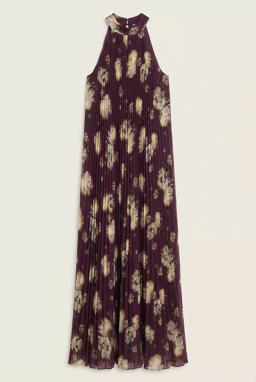 Rosie Mock-Neck Pleated Chiffon Maxi Dress - Front