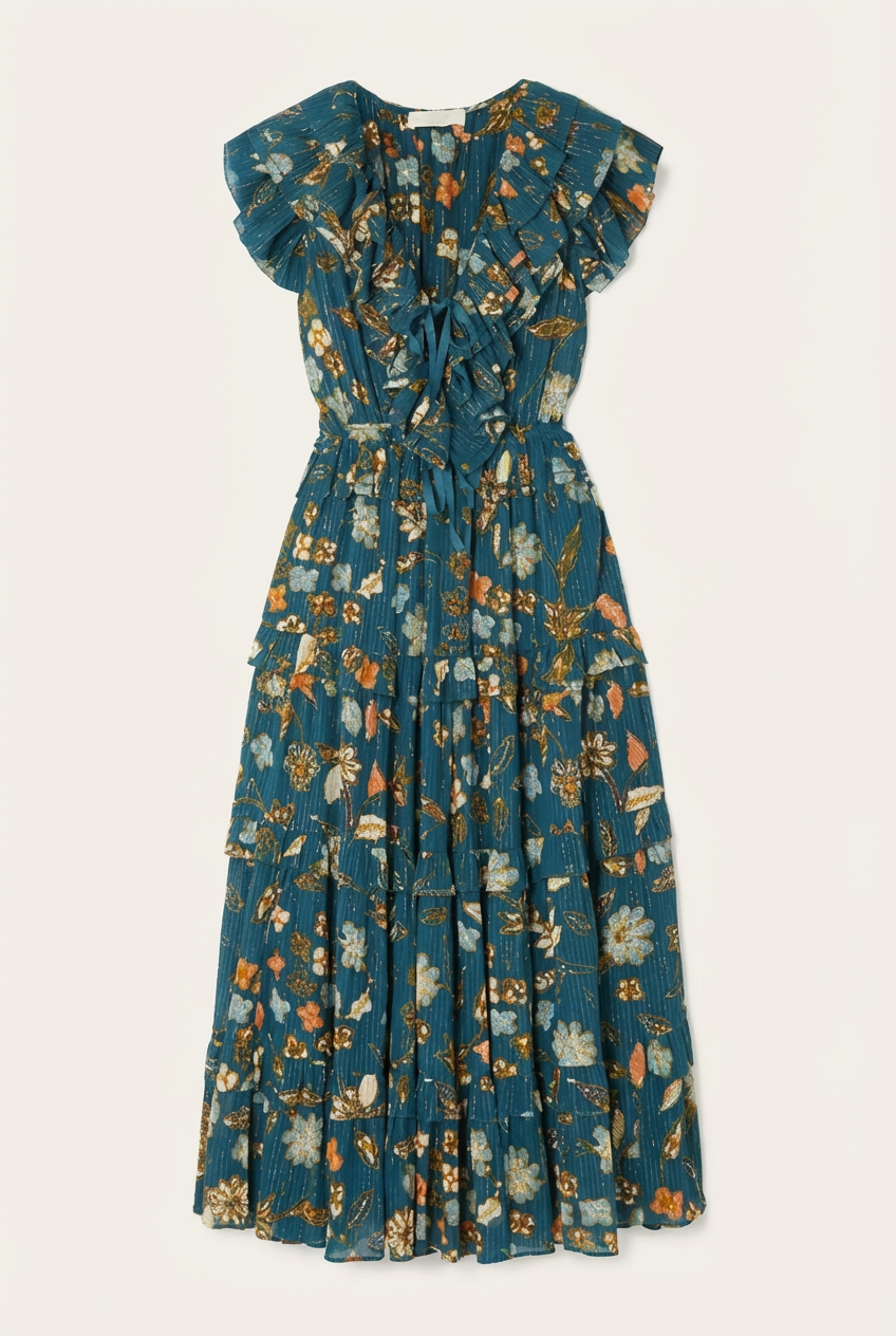 Arisa Ruffled Metallic Floralprint Crepe De Chine Maxi - Front