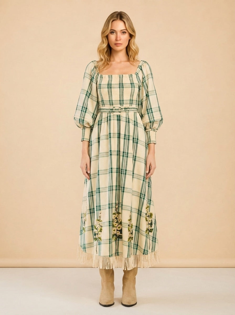 EDDY X MCKENZIE DEPINTO ELOISE DRESS IN GREEN PLAID & FLORAL model_front