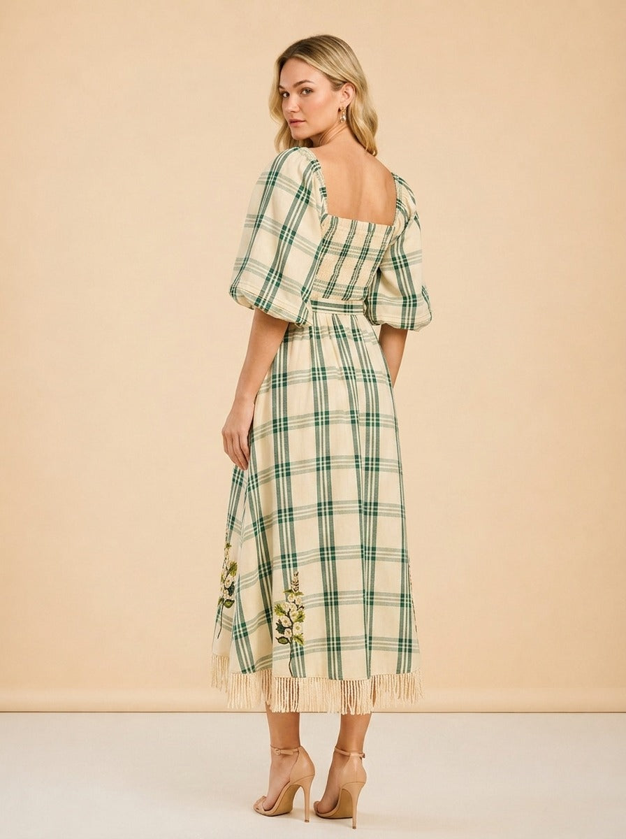 EDDY X MCKENZIE DEPINTO ELOISE DRESS IN GREEN PLAID & FLORAL model_over_shoulder