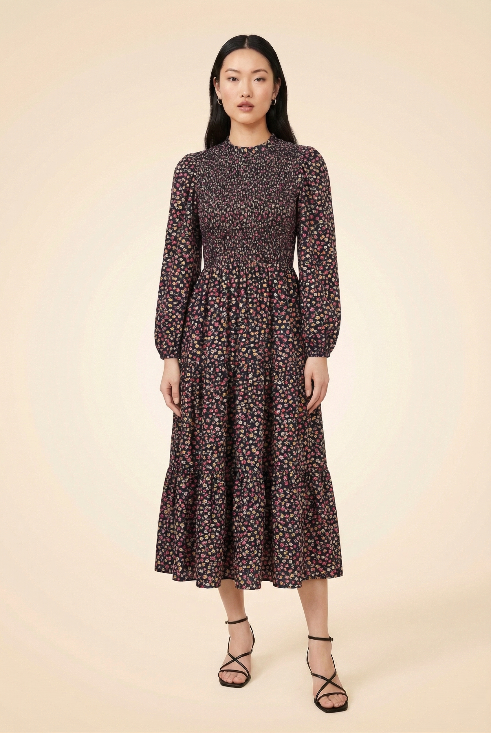 Viviana Print High Neck Long Sleeve Tiered Nap Dress