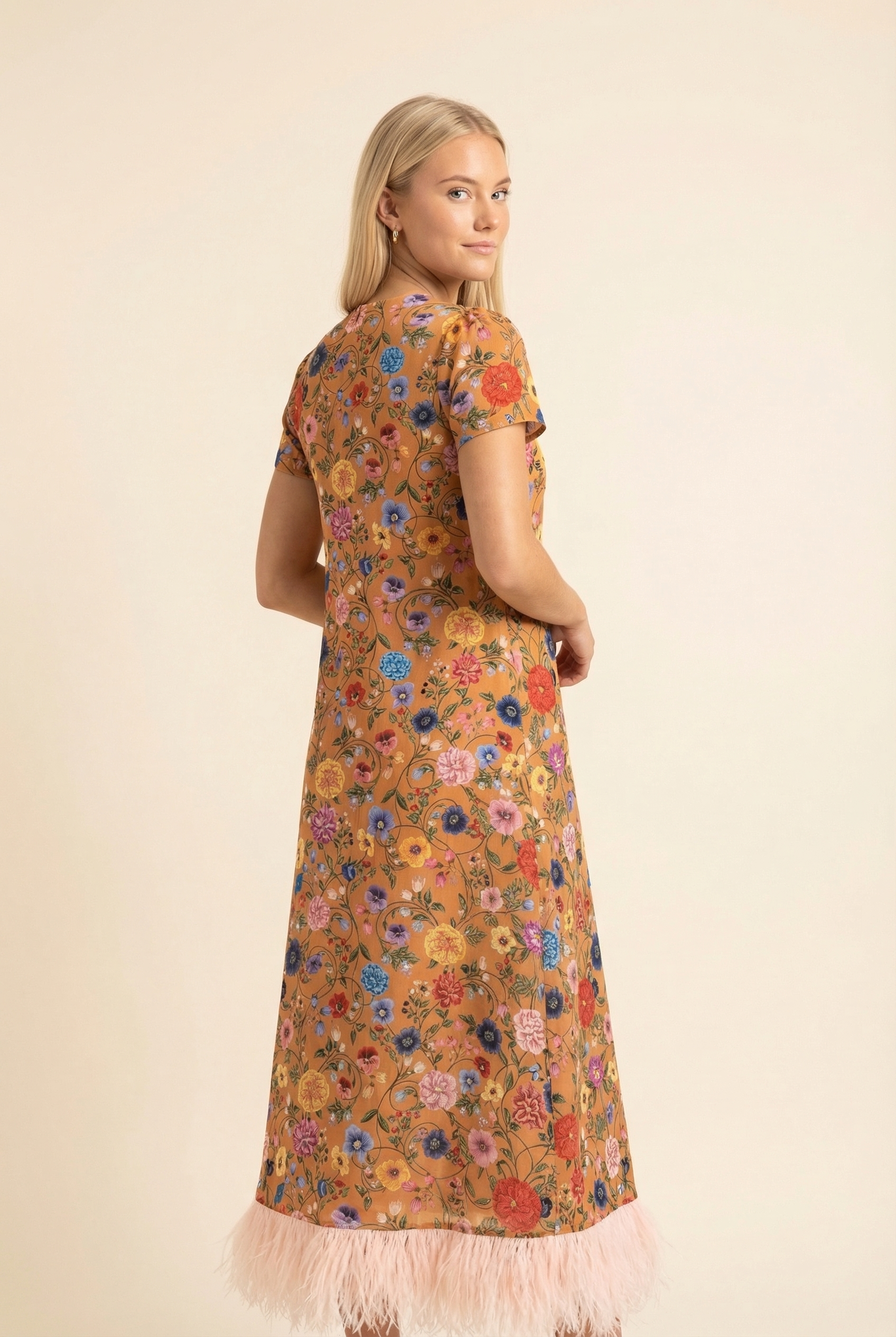 Botticelli Rust Short Sleeve Swing Dress with Feathers