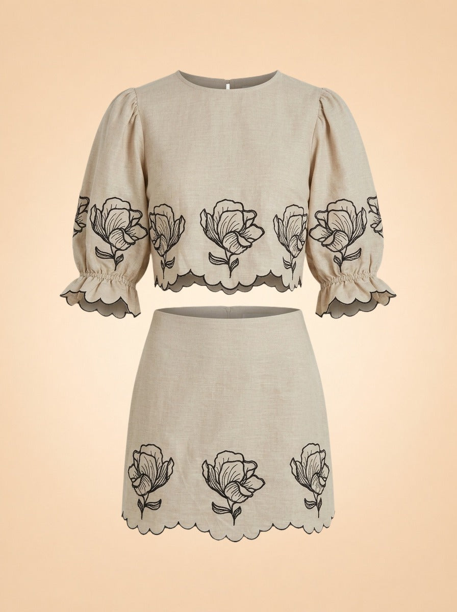 Joey Taupe Cropped Puff Sleeve Top and Matching Skirt with Black Floral Embroidery by Benaar LA — front detail