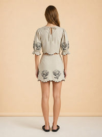 Joey Taupe Cropped Puff Sleeve Top and Matching Skirt with Black Floral Embroidery by Benaar LA — back