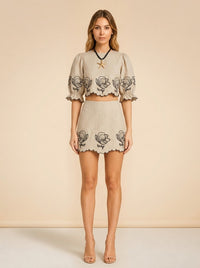 Joey Taupe Cropped Puff Sleeve Top and Matching Skirt with Black Floral Embroidery by Benaar LA — front