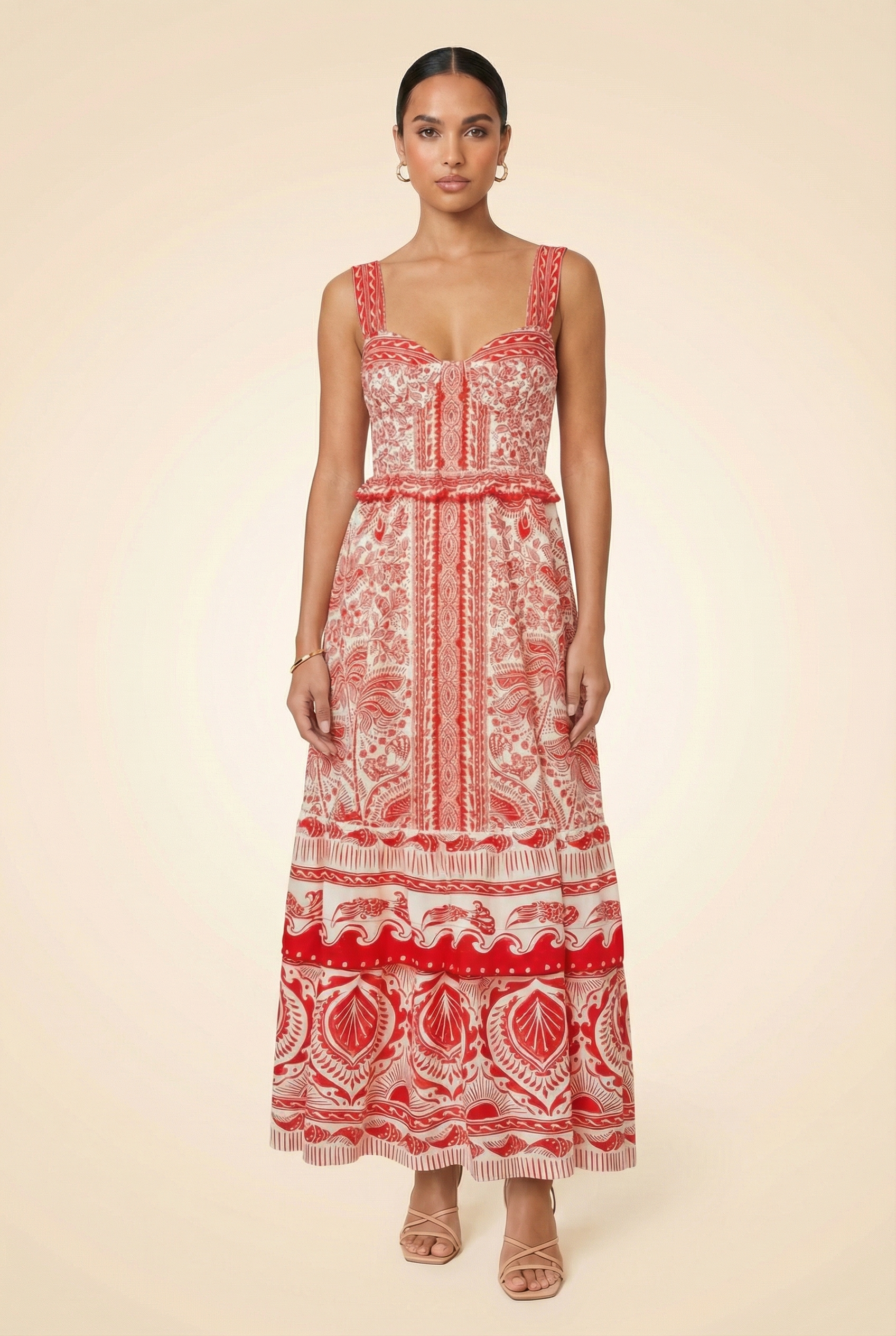 Farm Rio River Ride Linen-Blend Bustier Dress - model