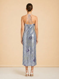 Jacquemus La Robe Le Coup de Soleil (blue/silver sequin) — on model, back
