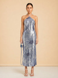 Jacquemus La Robe Le Coup de Soleil (blue/silver sequin) — on model, front