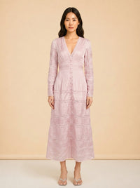 LoveShackFancy Lace Long-Sleeve Button Maxi (mauve/pink) — on model, front