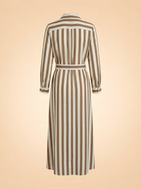 Taupe Striped Belted Maxi Shirtdress