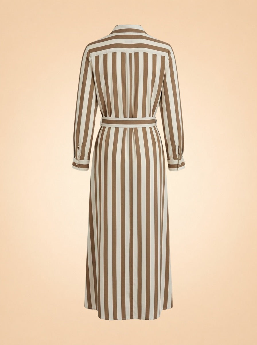Taupe Striped Belted Maxi Shirtdress