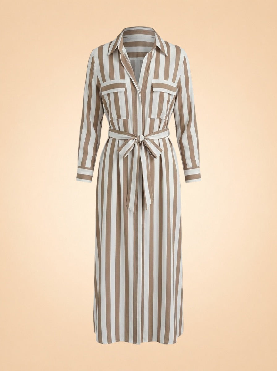 Taupe Striped Belted Maxi Shirtdress