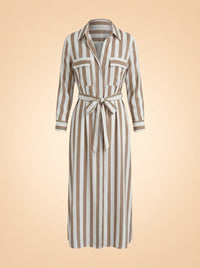 Taupe Striped Belted Maxi Shirtdress