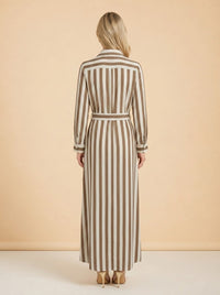 Taupe Striped Belted Maxi Shirtdress