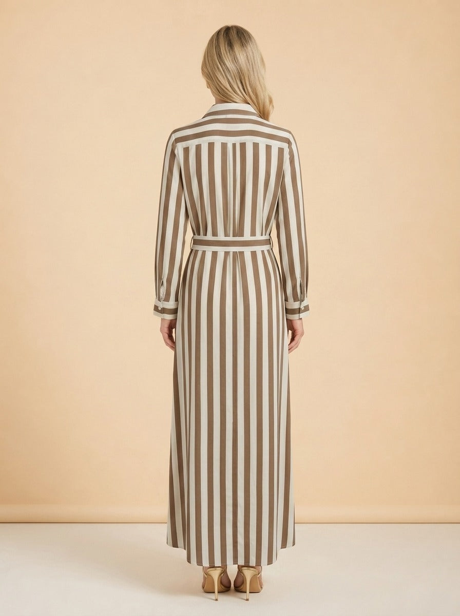 Taupe Striped Belted Maxi Shirtdress