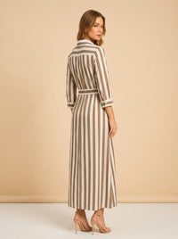 Taupe Striped Belted Maxi Shirtdress