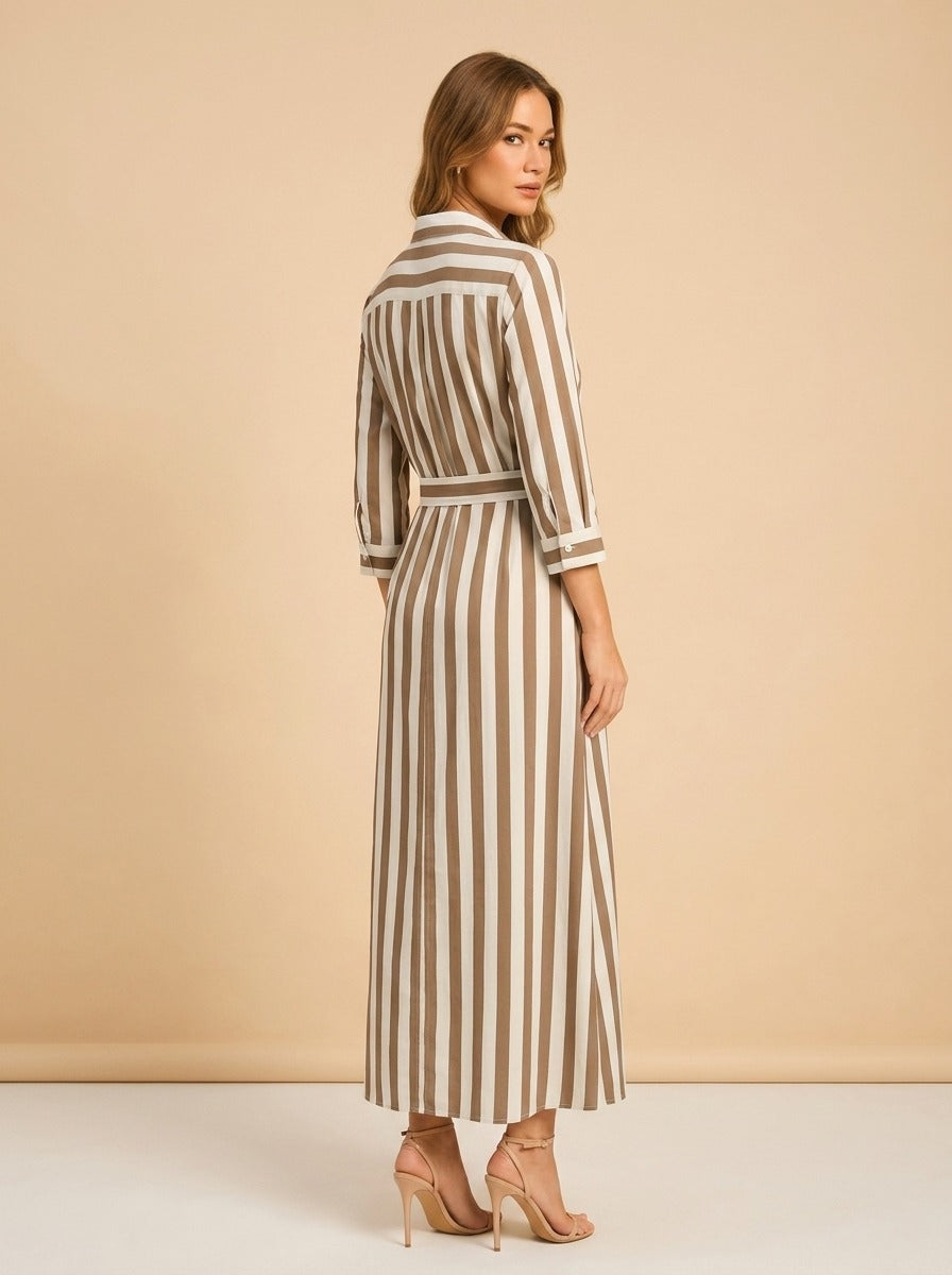Taupe Striped Belted Maxi Shirtdress