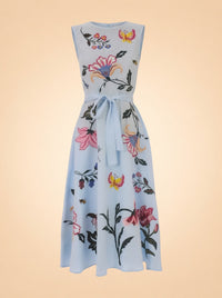 Fanm Mon Light Blue Butterfly/Floral Embroidered Linen Dress — front
