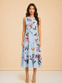 Fanm Mon Light Blue Butterfly/Floral Embroidered Linen Dress — on model, front
