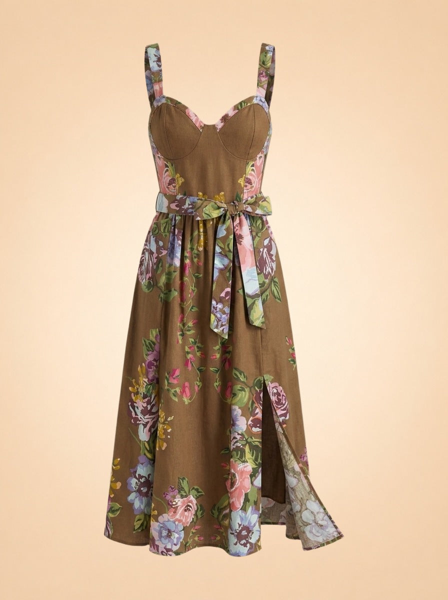 Longer brown floral belted dress ghost_front