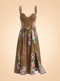 Longer brown floral belted dress ghost_front