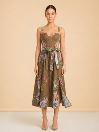 Longer brown floral belted dress model_front