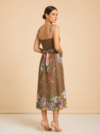 Longer brown floral belted dress model_over_shoulder