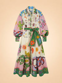 Lou Benesch Seeker Belted Printed Ramie Shirt Dress ghost_front