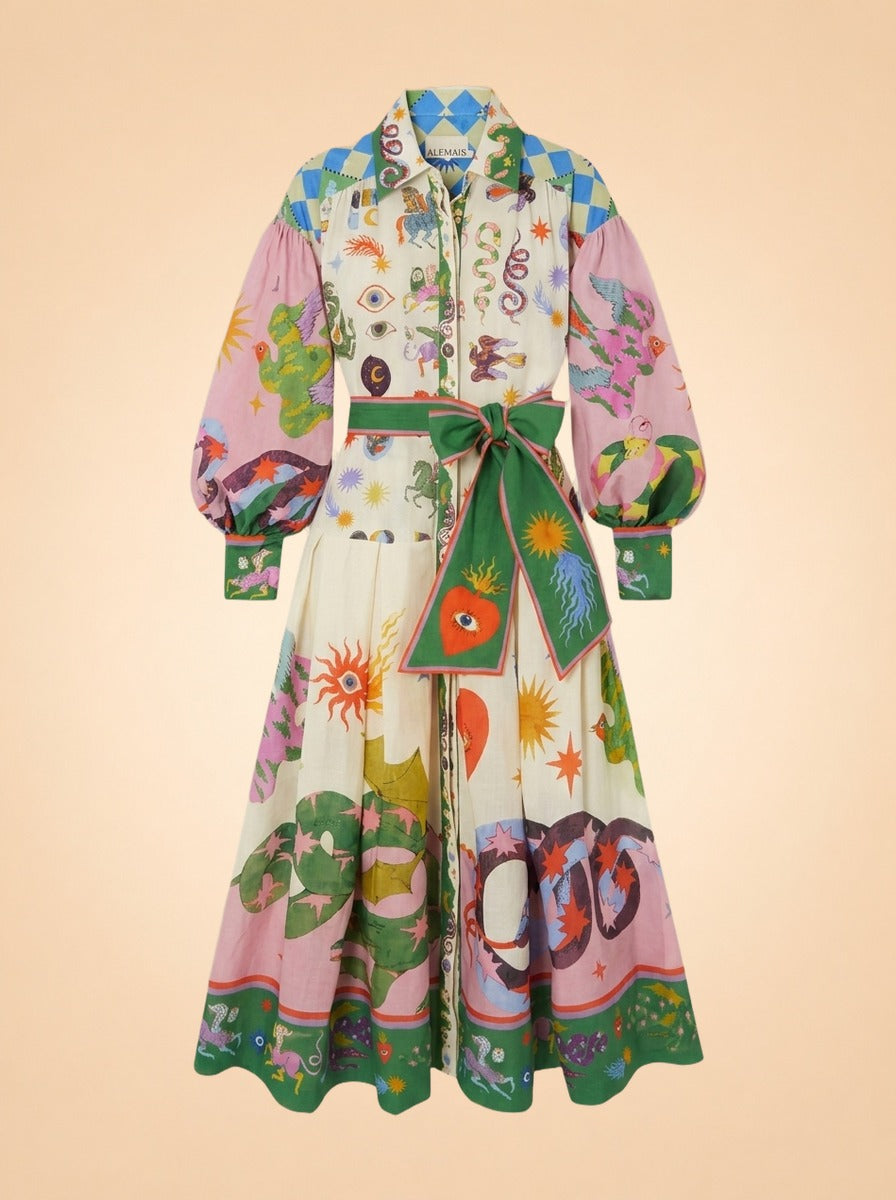 Lou Benesch Seeker Belted Printed Ramie Shirt Dress ghost_front
