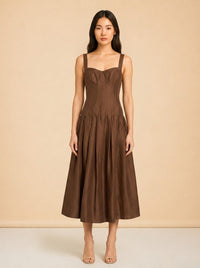 Makenna Linen Corset Midi Dress – Cigar model_front